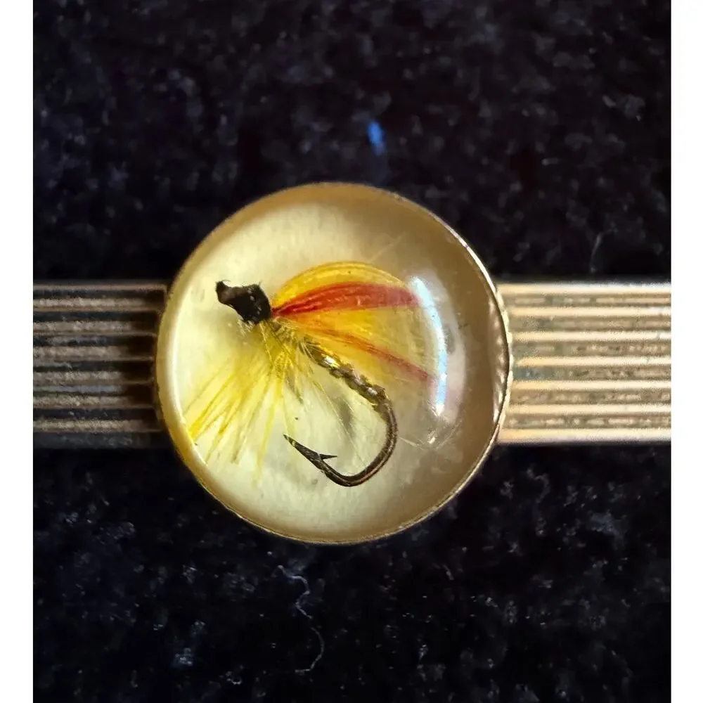Vintage Fly Fishing Tie Bar Gold Tone Encased Feather Hook Clear Dome